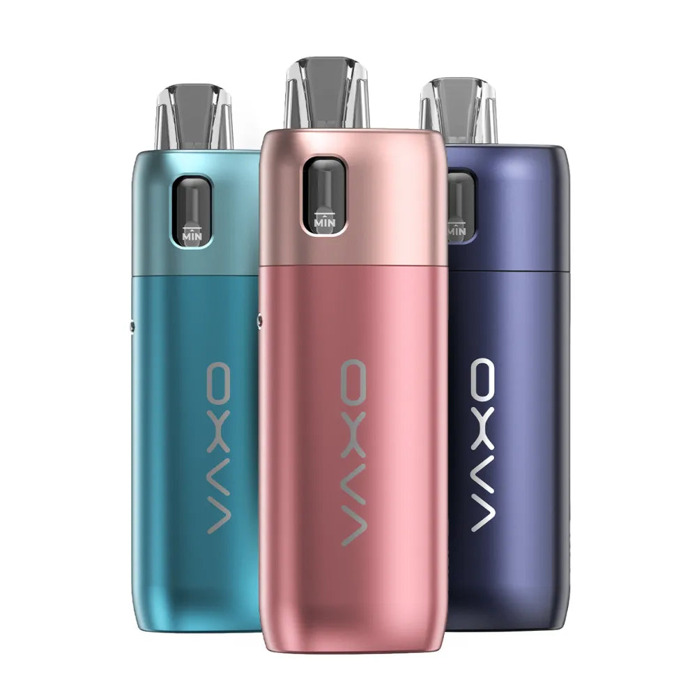 Three OXVA ONEO devices in blue, rose gold, and purple on a white background
