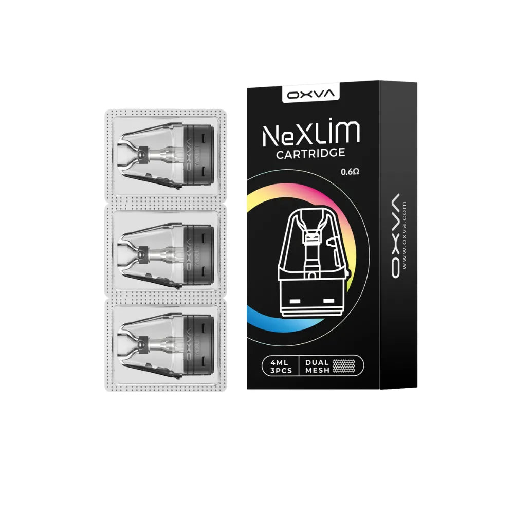 OXVA NexLim cartridge packaging with three cartridges on a white background