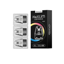 OXVA NexLim cartridge packaging with three cartridges on a white background