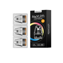 OXVA NexLim cartridge packaging with three cartridges on a white background