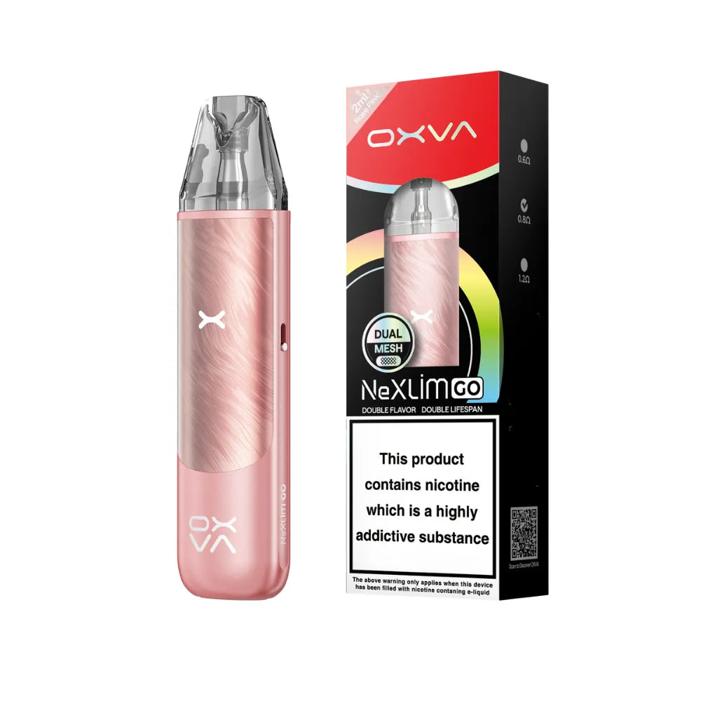rose Pink vape device with oxva nexlim go branding next to its packaging on a white background
