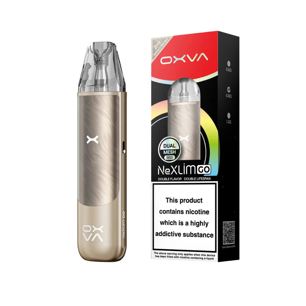OXVA NexLimGo sahara brown vaping device and packaging on a white background