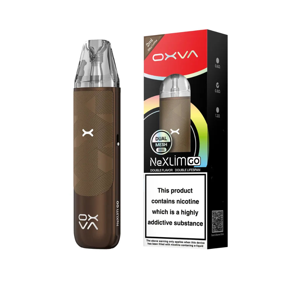 OXVA NexLim Go silky coffee vaping device and packaging on a white background