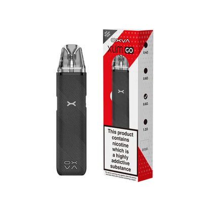 Black vape device with red and white packaging on a white background OXVA Xlim go 