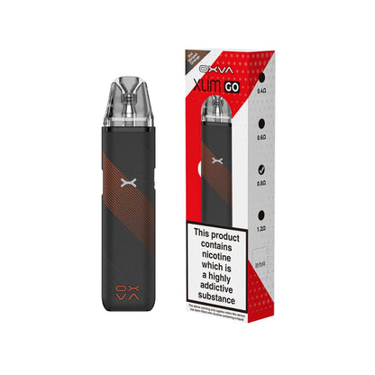 OXVA Xlim go stripe orange vape device with red and white packaging on a white background