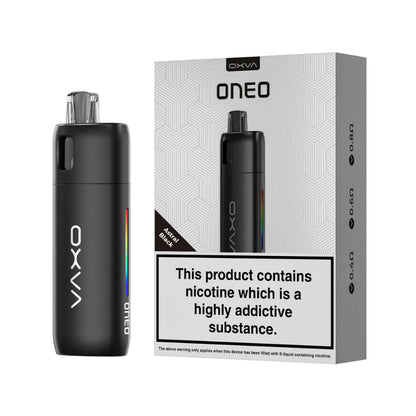 OXVA ONEO astral black vape device and packaging on a white background