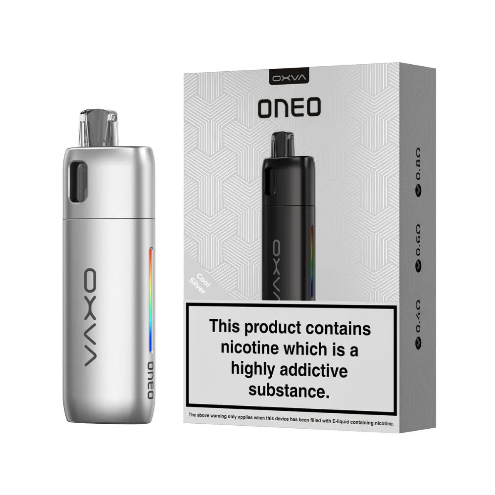 OXVA ONEO cool silver vape device and packaging on a white background