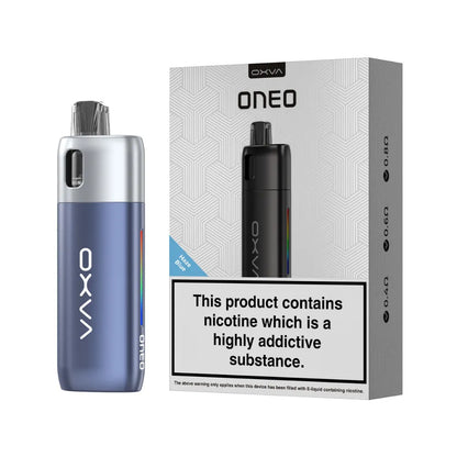OXVA ONEO haze blue vape device and packaging on a white background