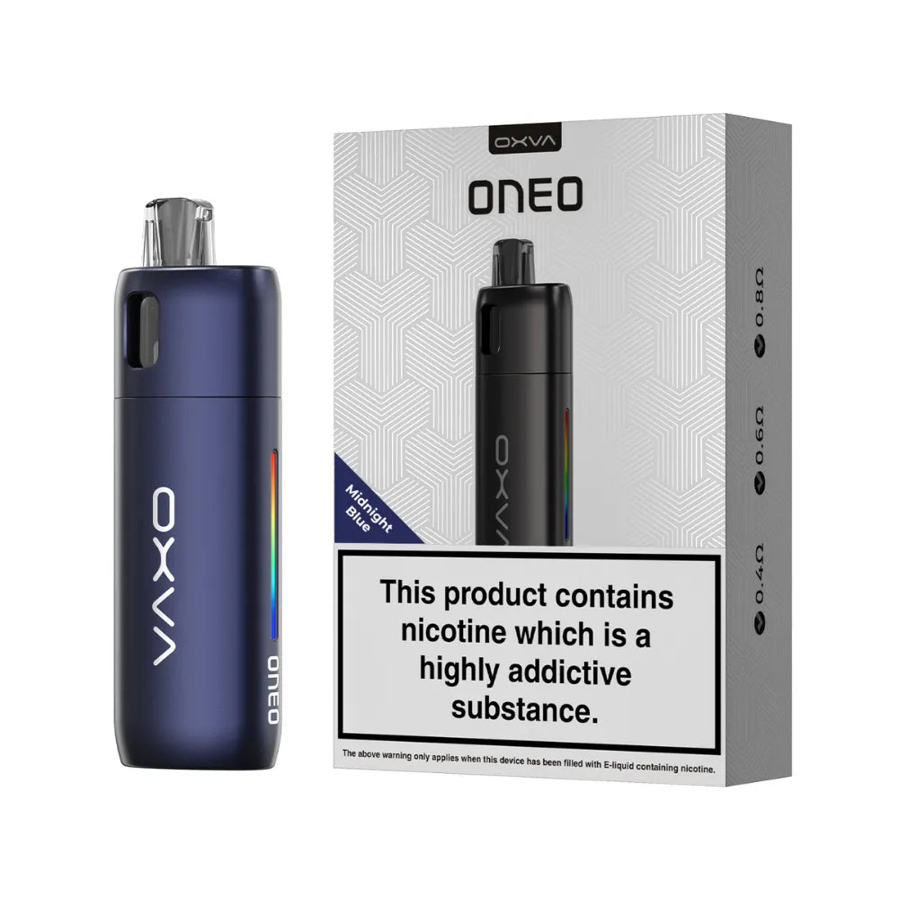 OXVA ONEO midnight blue vape device and packaging on a white background
