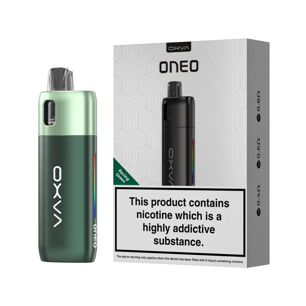 OXVA ONEO racing green vape device and packaging on a white background