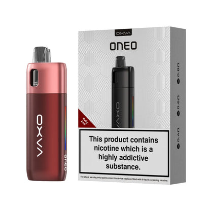 OXVA ONEO ruby red vape device and packaging on a white background
