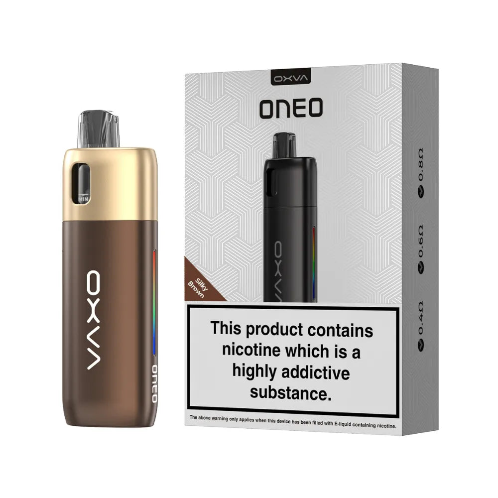OXVA ONEO silky brown vape device with packaging on a white background