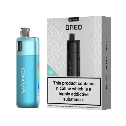 OXVA ONEO SKY BLUE vape device and packaging on a white background