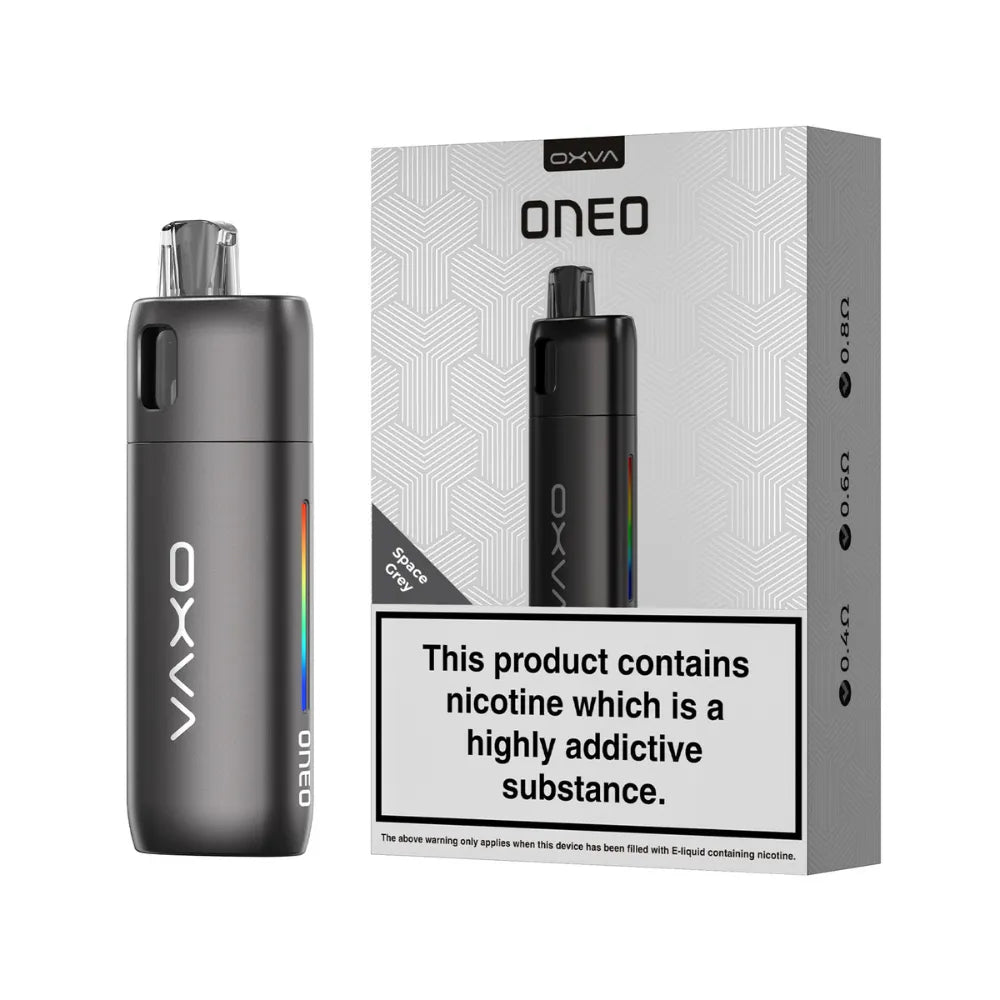OXVA ONEO space grey vape device and packaging on a white background