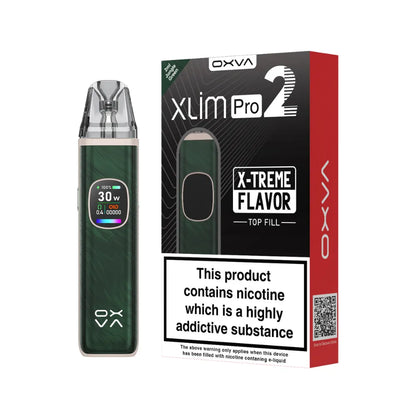 Jungle green OXVA Xlim Pro 2 pod kit with packaging on a white background.