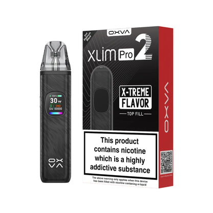 Platinum Black OXVA Xlim Pro 2 pod kit with packaging on a white background.