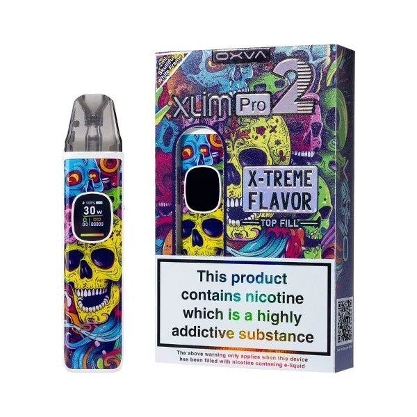 "Skulliful" white frame OXVA Xlim Pro 2 pod kit with packaging on a white background.