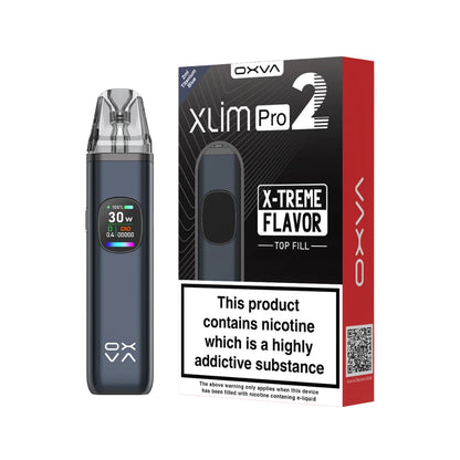 Titanium Blue OXVA Xlim Pro 2 pod kit with packaging on a white background.