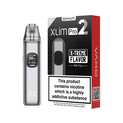 Titanium Grey OXVA Xlim Pro 2 pod kit with packaging on a white background.