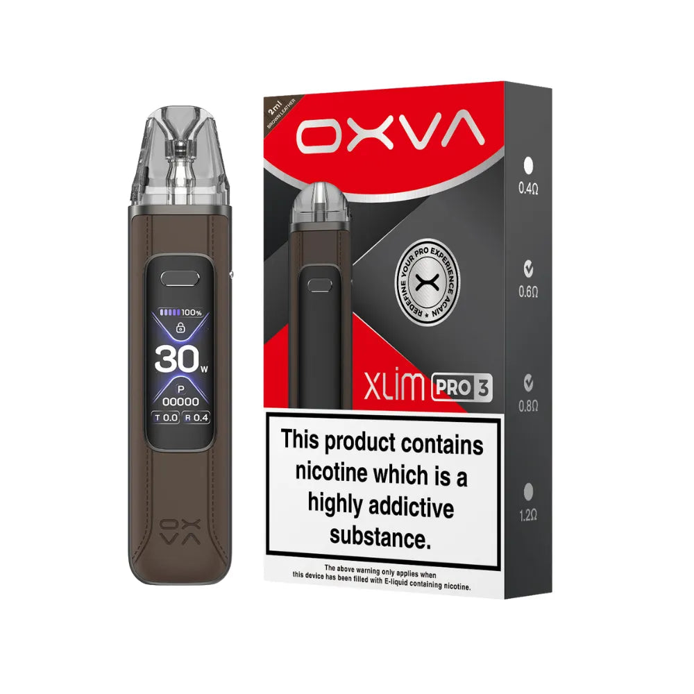 OXVA Xlim Pro 3 pod vape kit in the colour "Brown Leather" with black and red packaging on a white background