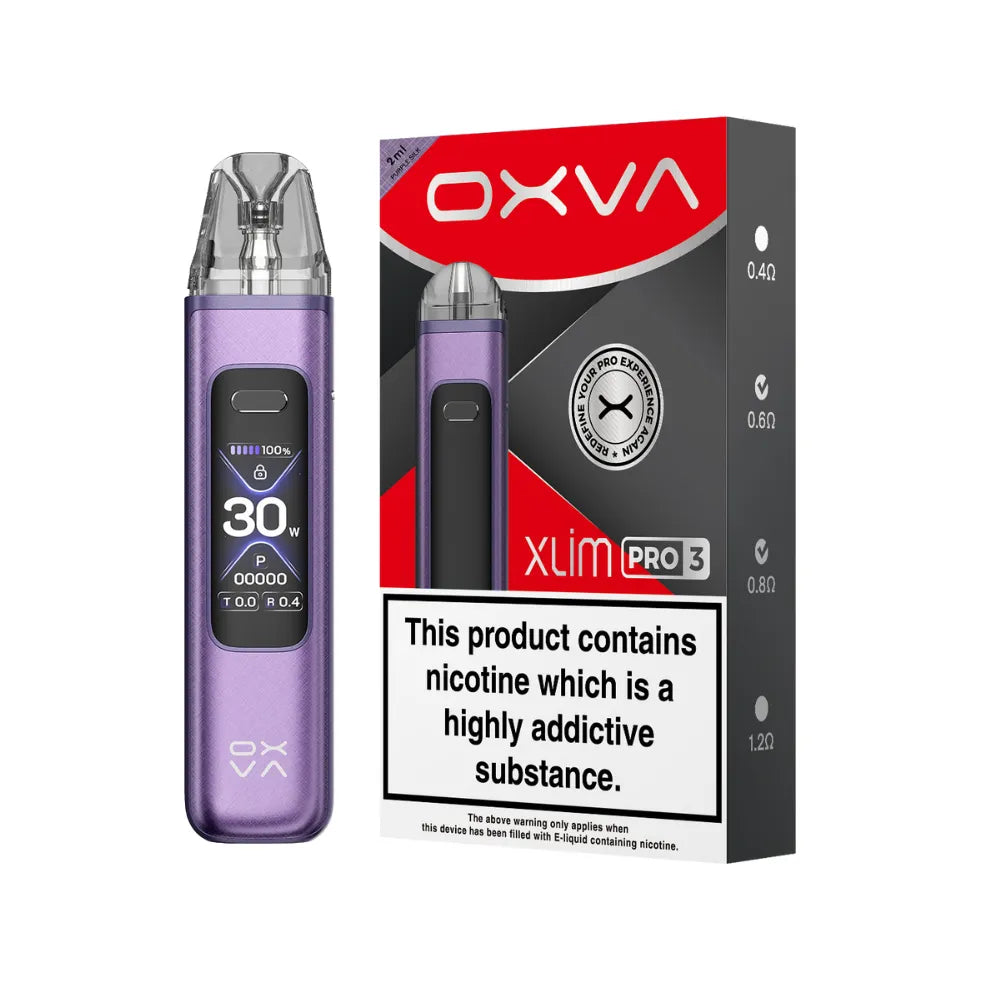 OXVA Xlim Pro 3 pod vape kit in the colour "Purple Silk" with black and red packaging on a white background