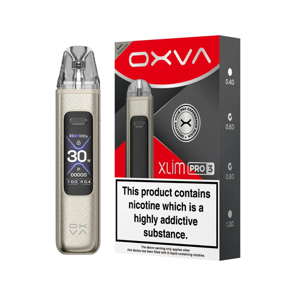 OXVA Xlim Pro 3 pod vape kit in the colour "Titanium Silk" with black and red packaging on a white background