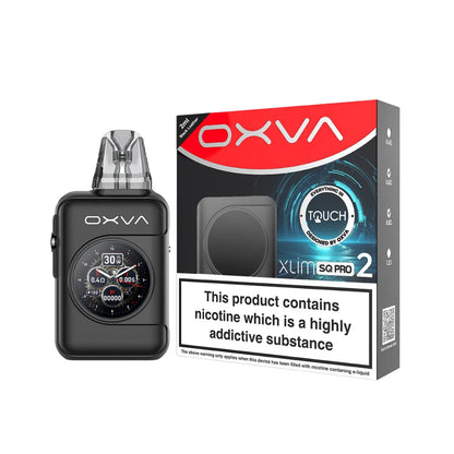 OXVA XLIM SQ PRO 2  black leather vaping device and packaging on a white background