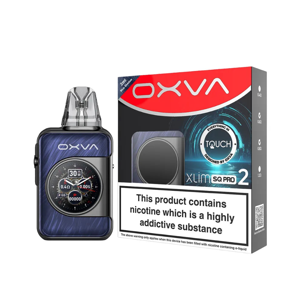 OXVA XLIM SQ PRO 2  blue shadow vaping device and packaging on a white background