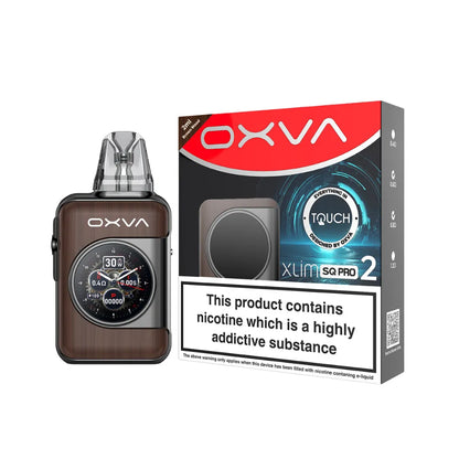 OXVA XLIM SQ PRO 2  brown wood vaping device and packaging on a white background