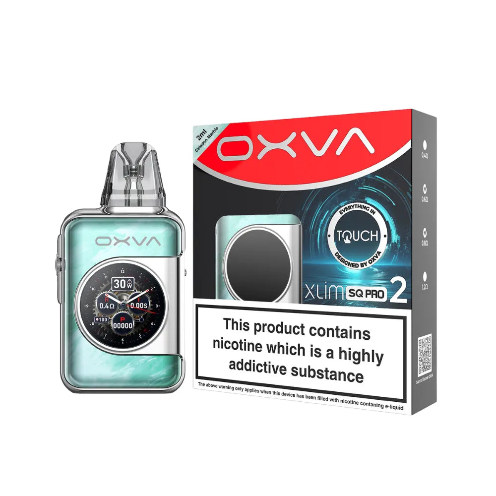 OXVA XLIM SQ PRO 2  celadon marble vape device and packaging on a white background