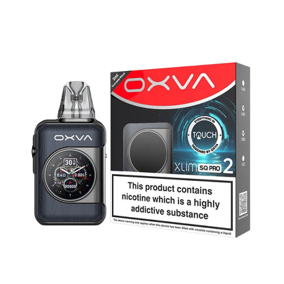 OXVA XLIM SQ PRO 2  gunmetal wood vaping device and packaging on a white background