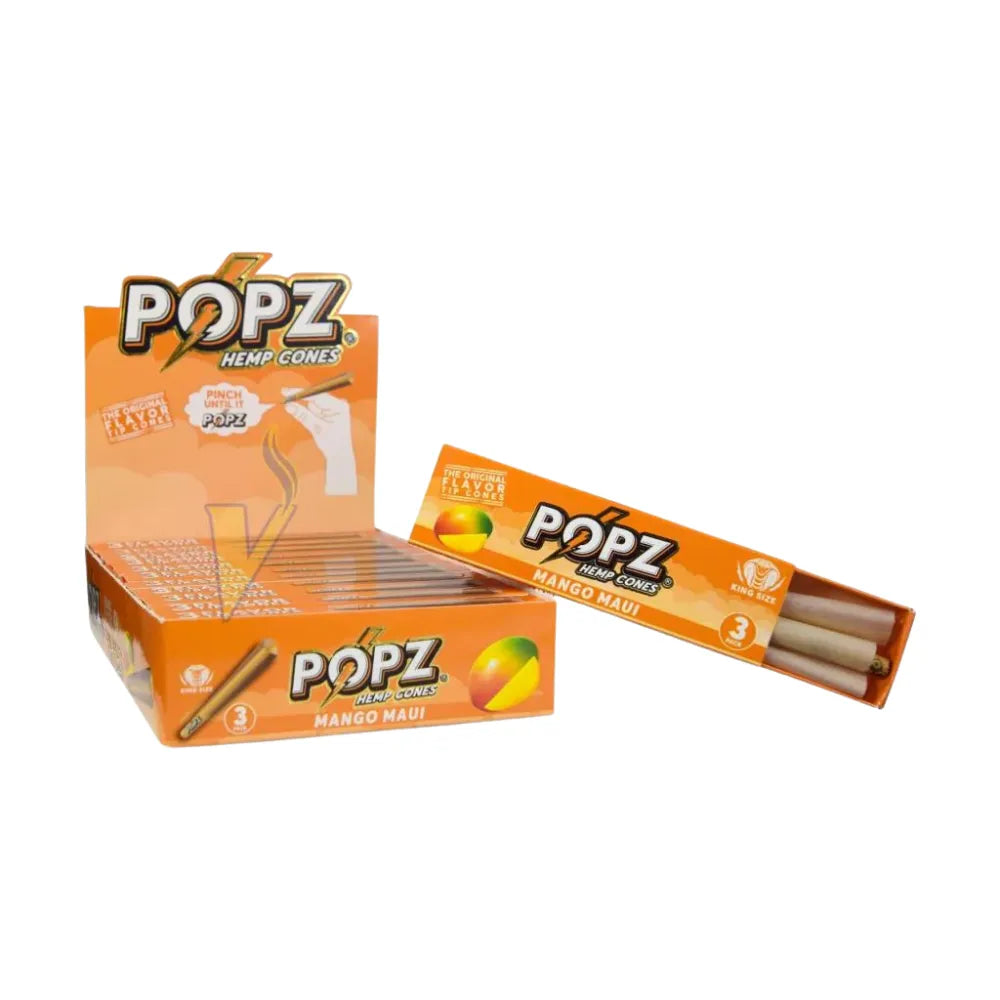 Box of Popz Hemp Cones with a small pack on a white background