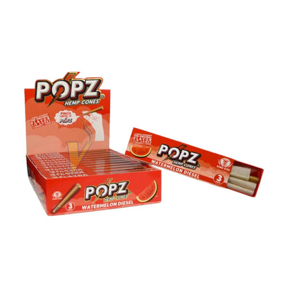 Box of Popz Hemp Cones with a watermelon flavor on a white background