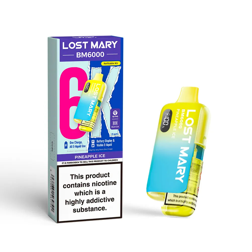 Lost Mary vaping device and packaging on a white background