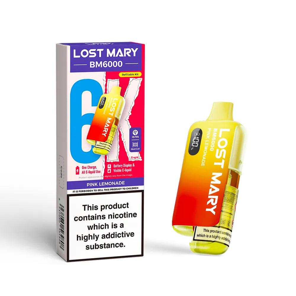 Lost Mary BM6000 vape kit in "Pink Lemonade" flavour with colourful packaging on a white background.