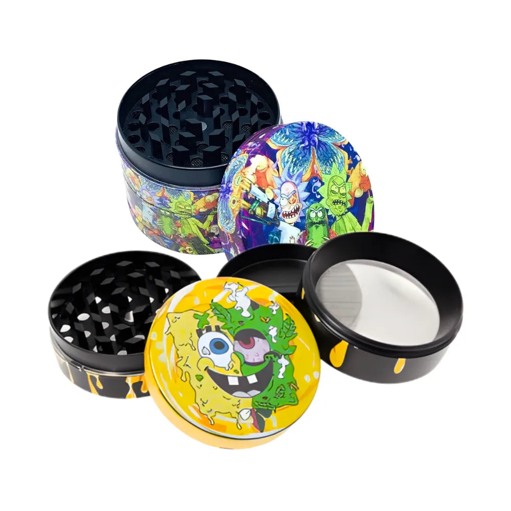 Two colourful, open pocket size herb grinders on a white background