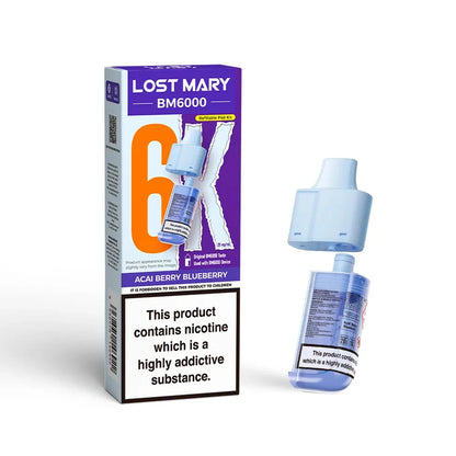 Lost Mary BM6000 refill pod in "Acai Berry Blueberry" flavour with colourful packaging on a white background