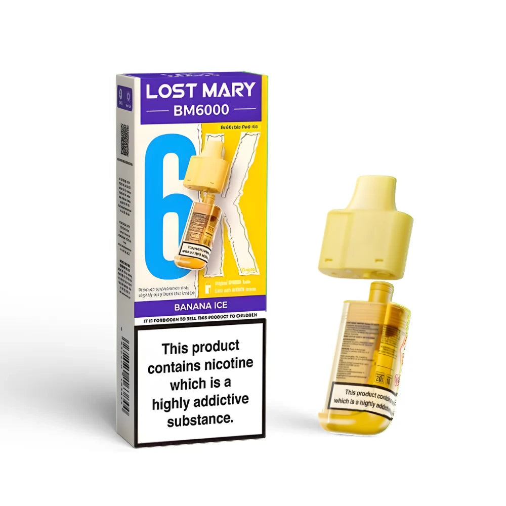 Lost Mary BM6000 refill pod in "Banana Ice" flavour with colourful packaging on a white background