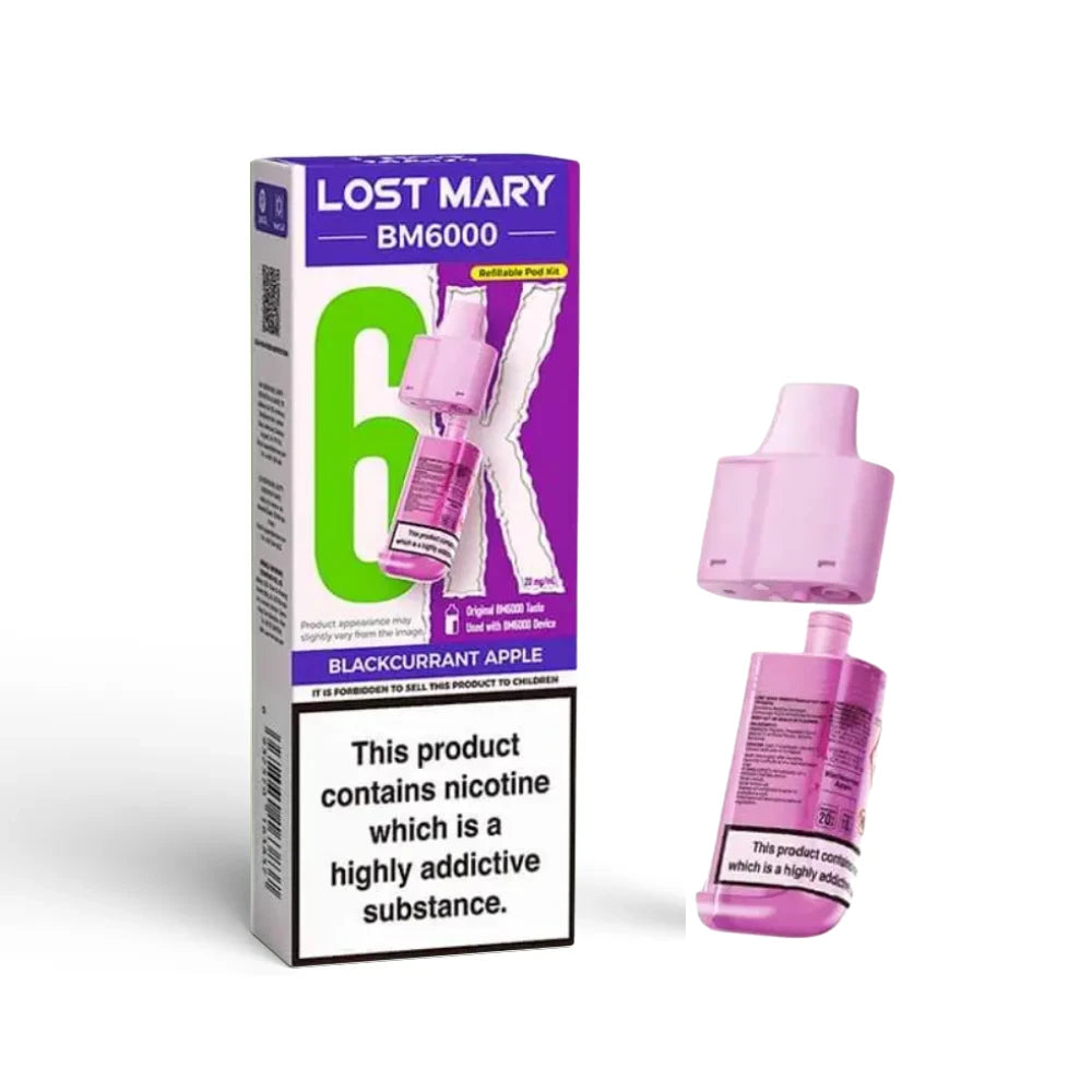 Lost Mary BM6000 refill pod in "Blackcurrant Apple" flavour with colourful packaging on a white background