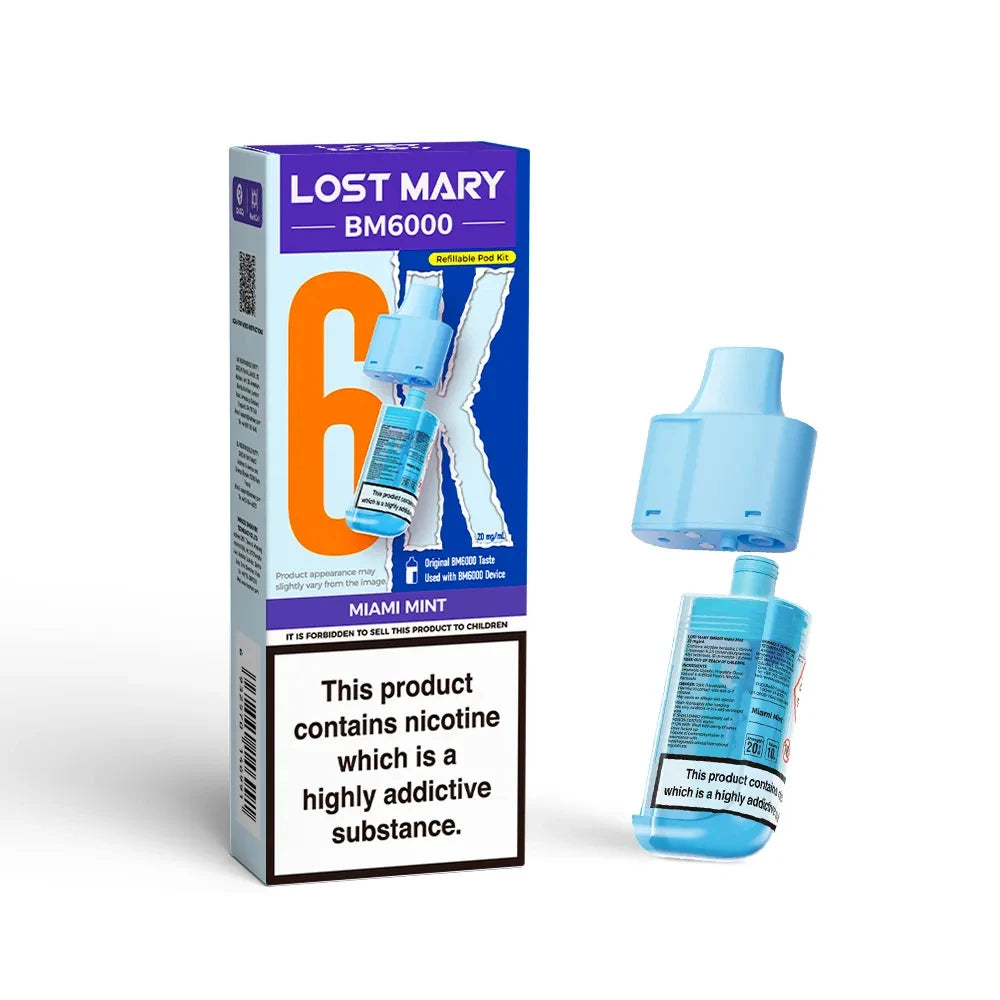 Lost Mary BM6000 refill pod in "Miami Mint" flavour with colourful packaging on a white background