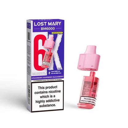 Lost Mary BM6000 refill pod in "Strawberry Raspberry Blackberry" flavour with colourful packaging on a white background