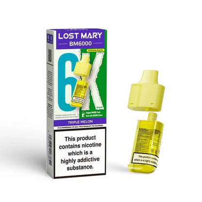 Lost Mary BM6000 refill pod in "Triple Melon" flavour with colourful packaging on a white background