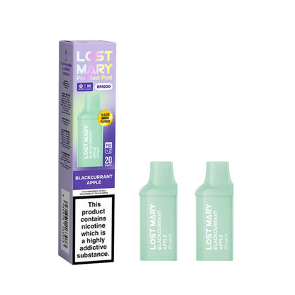 Two Lost Mary BM600 vape refill pods in "Blackcurrant Apple" flavour with colourful packaging on a white background.