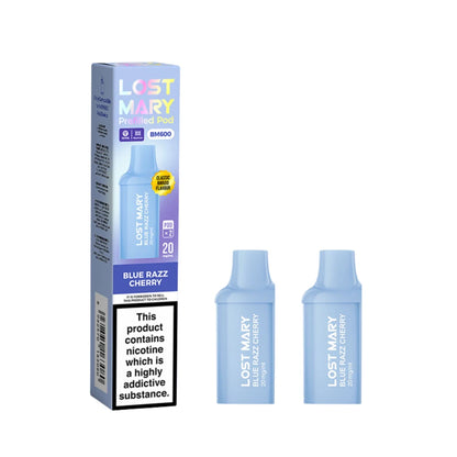 Two Lost Mary BM600 vape refill pods in "Blue Razz Cherry" flavour with colourful packaging on a white background.