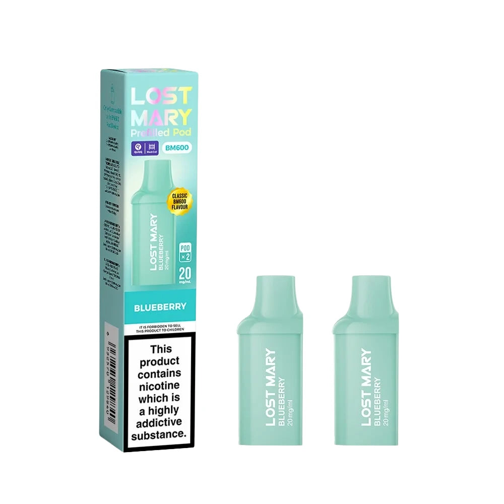 Two Lost Mary BM600 vape refill pods in "Blueberry" flavour with colourful packaging on a white background.