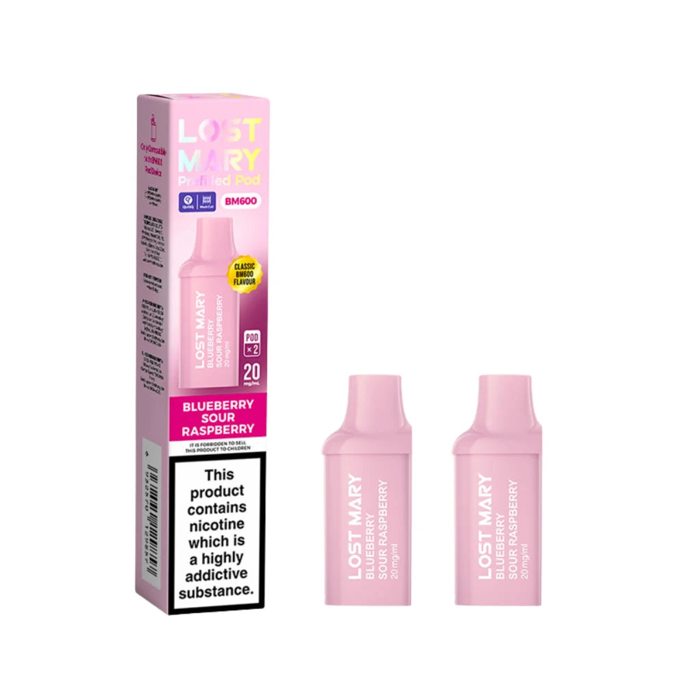 Two Lost Mary BM600 vape refill pods in "Blueberry Sour Raspberry" flavour with colourful packaging on a white background.