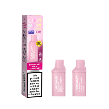 Two Lost Mary BM600 vape refill pods in "Blueberry Sour Raspberry" flavour with colourful packaging on a white background.