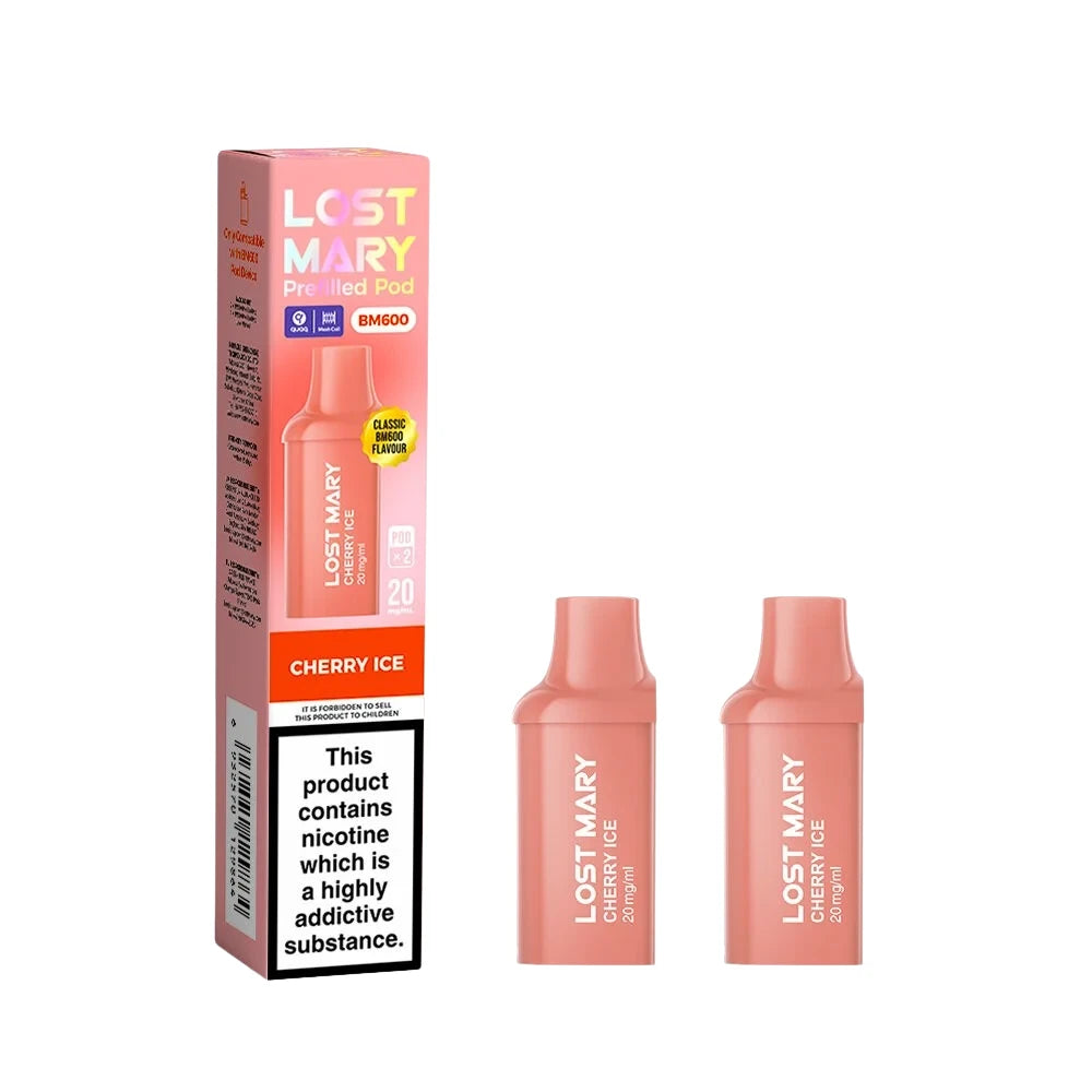 Two Lost Mary BM600 vape refill pods in "Cherry Ice" flavour with colourful packaging on a white background.