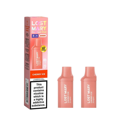 Two Lost Mary BM600 vape refill pods in "Cherry Ice" flavour with colourful packaging on a white background.