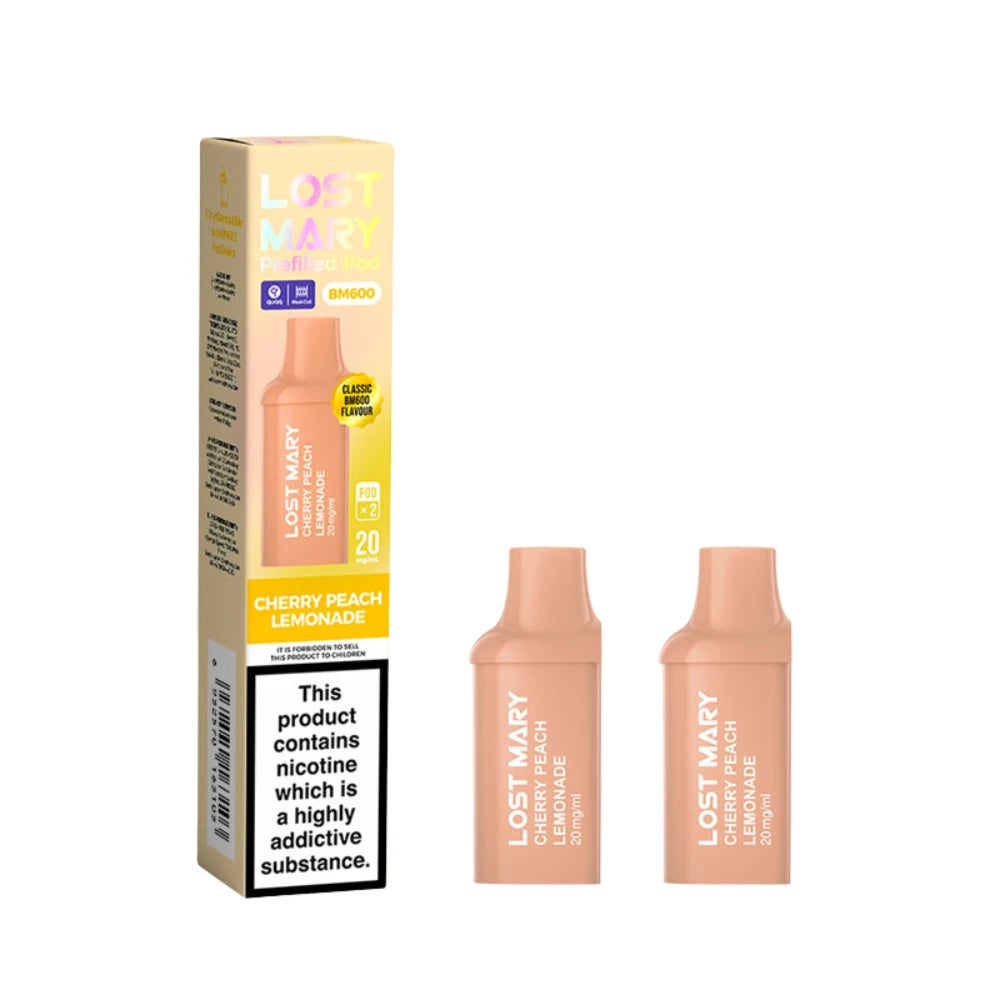 Two Lost Mary BM600 vape refill pods in "Cherry Peach Lemonade" flavour with colourful packaging on a white background.